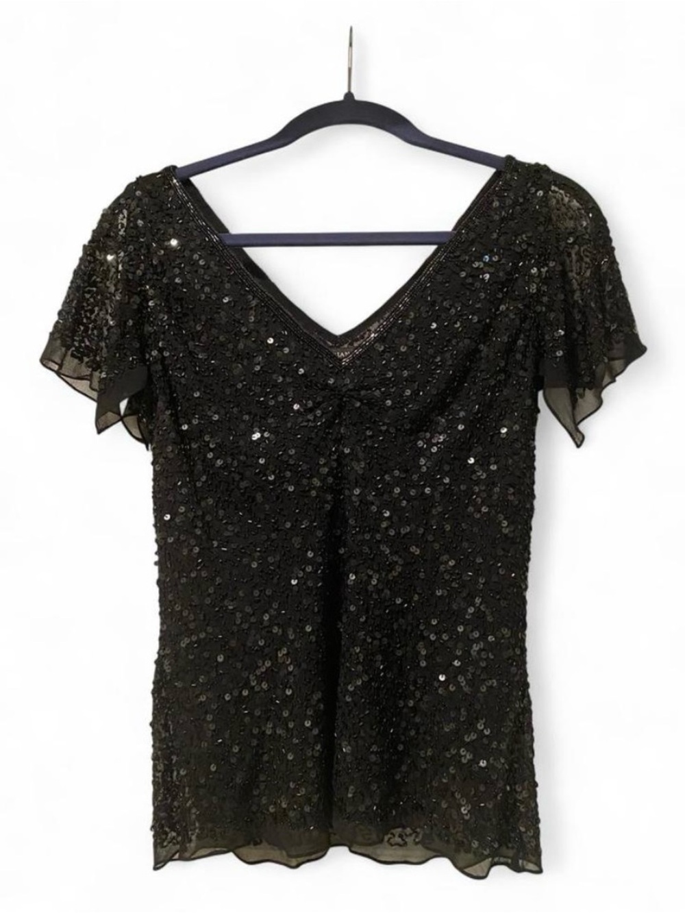 Adrianna Papell Black Sequin V-Neck Top with Flutter Sleeves